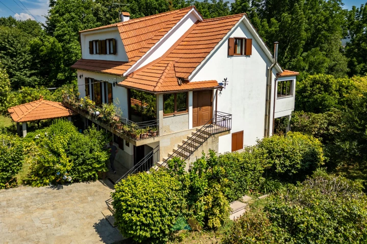 Villa exterior facade with terrace and stairs