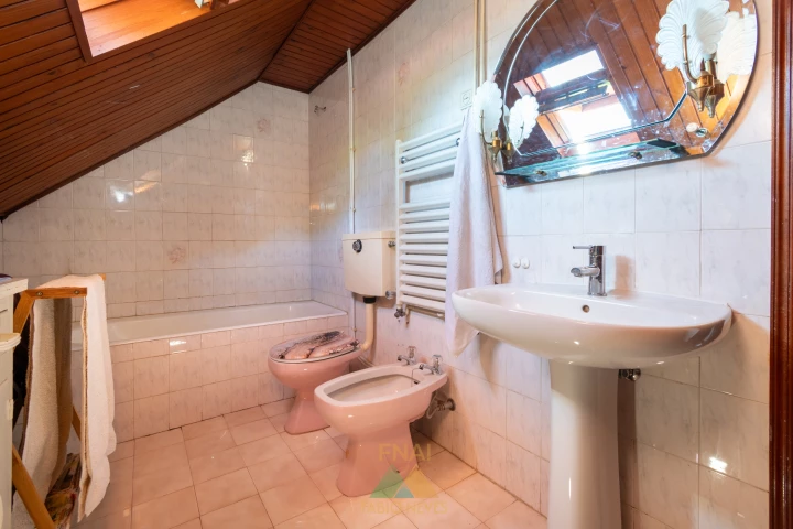 Attic bathroom with pink fixtures and sloped timber ceiling
