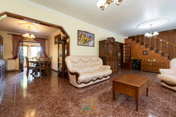 Living room with leather sofa and fireplace